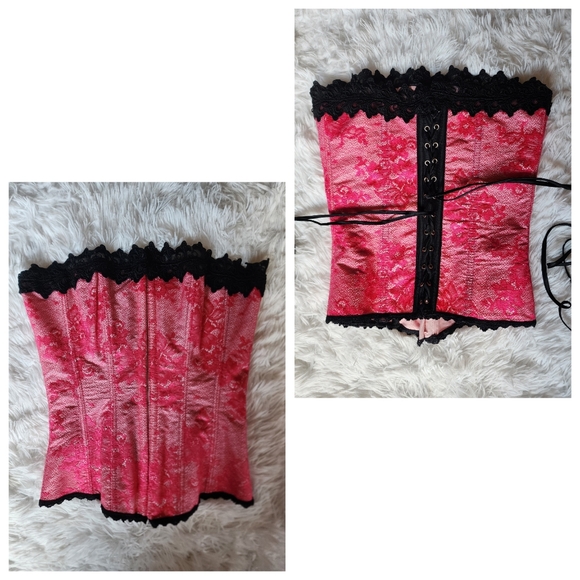 Frederick's of Hollywood Tops - Fredericks of Hollywood Hot Pink Black Lace Trim Plastic Boning Corset - Size 32
